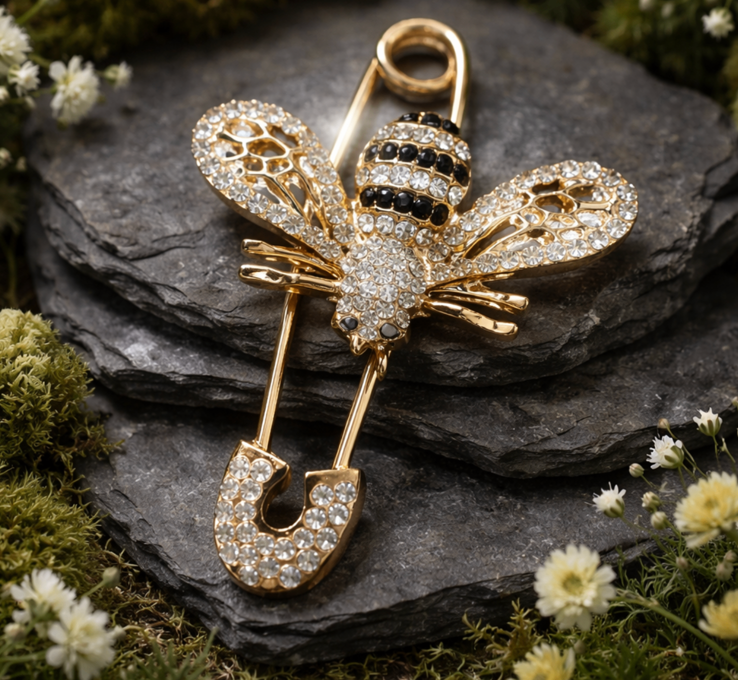 Crystal bee safety-pin brooch